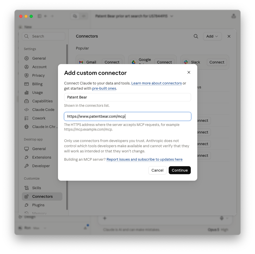 All of Patent Bear, inside Claude, ChatGPT, and Gemini. - No directory on your plan?