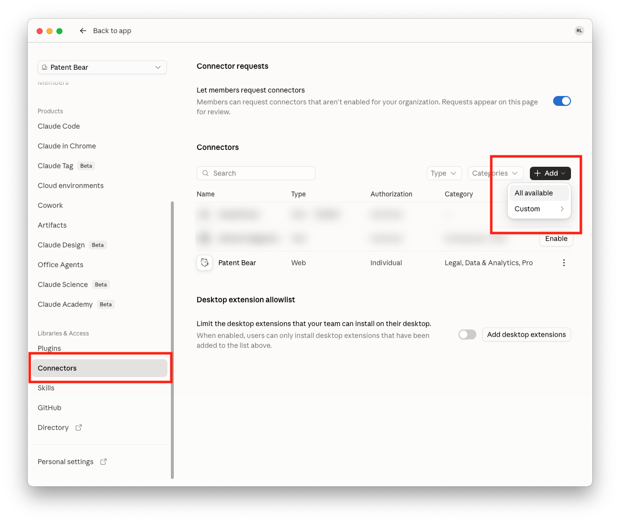 Claude's Connectors settings with the Add menu open and All available highlighted
