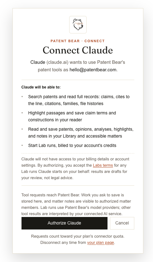 All of Patent Bear, inside Claude, ChatGPT, and Gemini. - Sign in and authorize