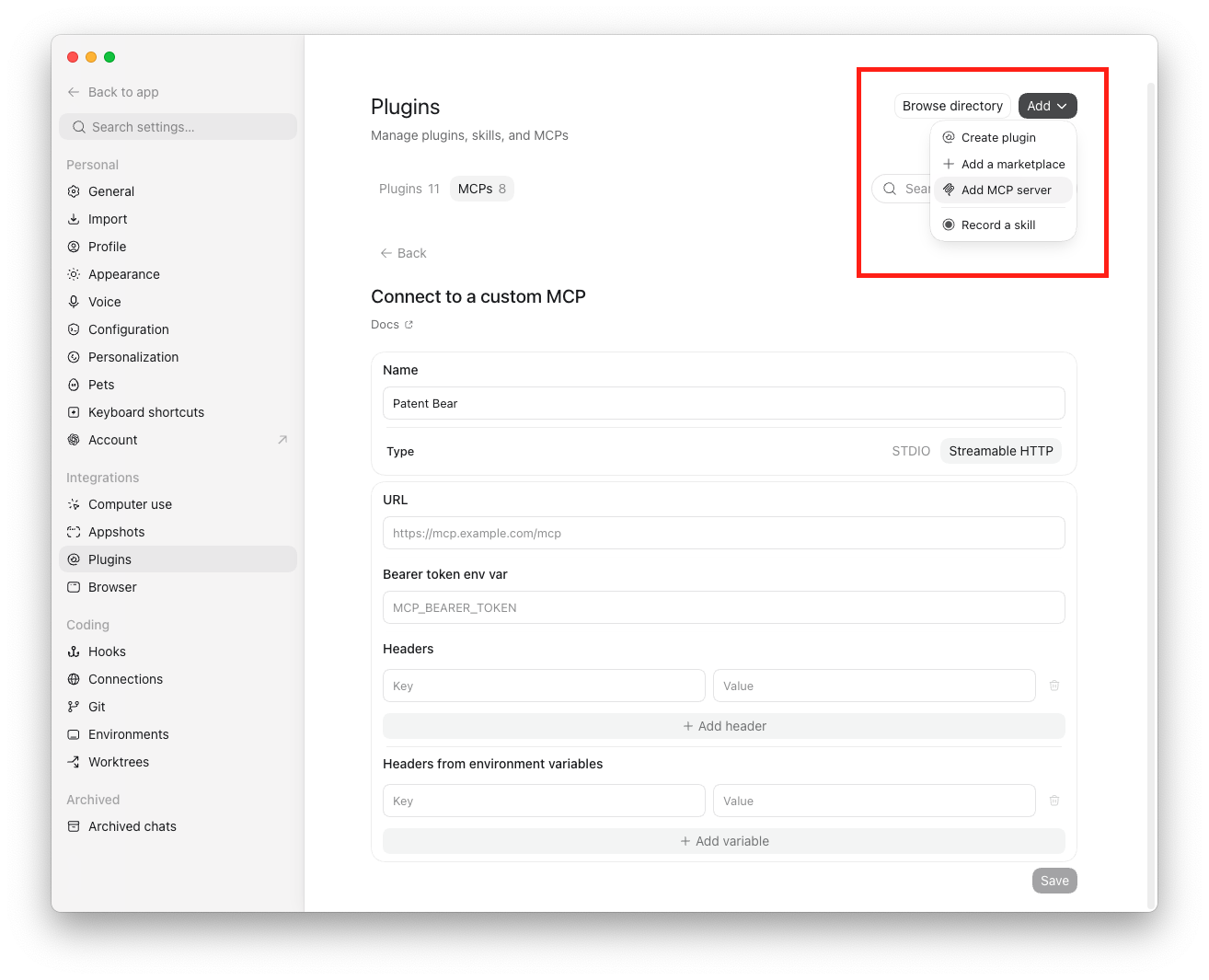 All of Patent Bear, inside Claude, ChatGPT, and Gemini. - Add an MCP server