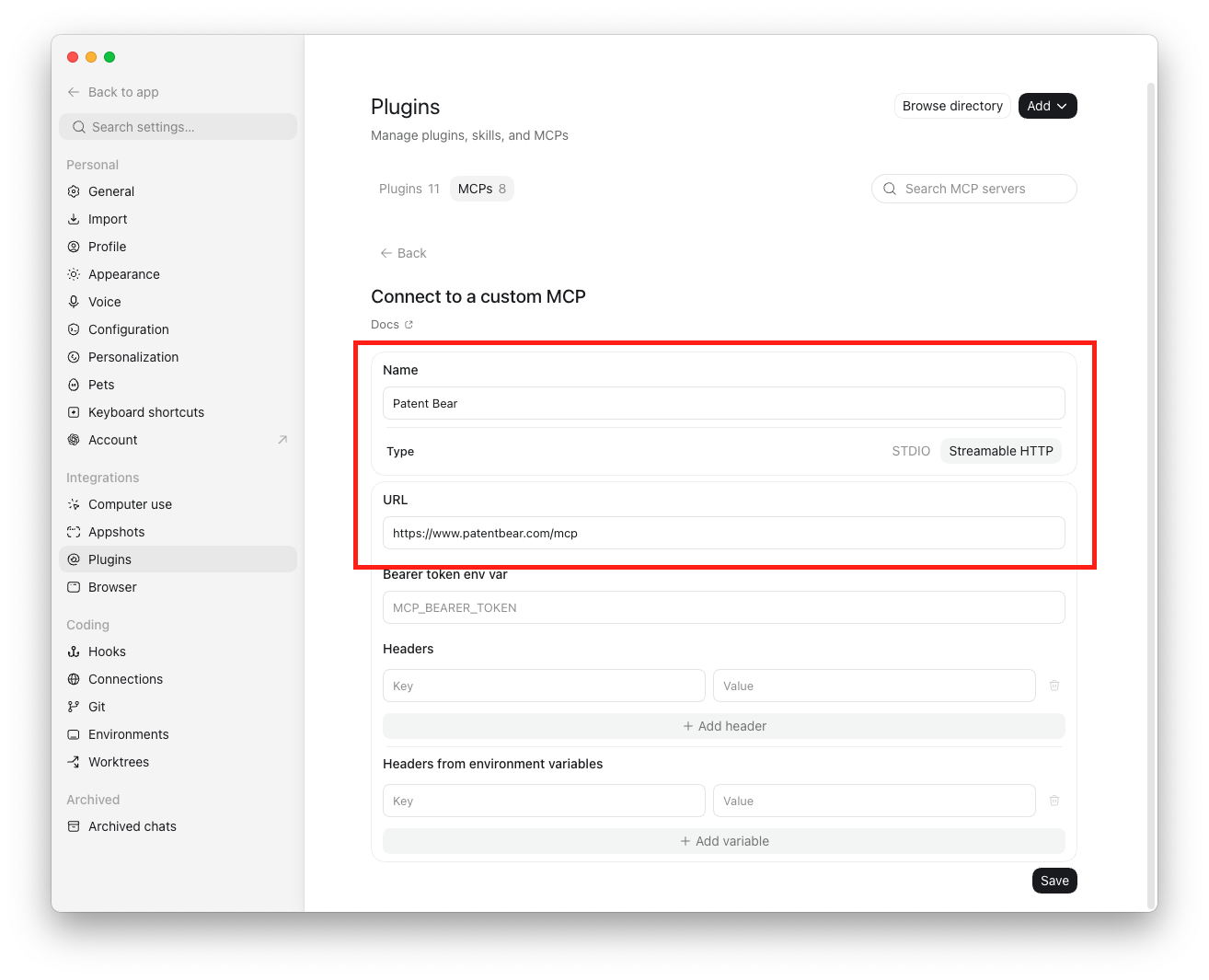 All of Patent Bear, inside Claude, ChatGPT, and Gemini. - Paste the endpoint