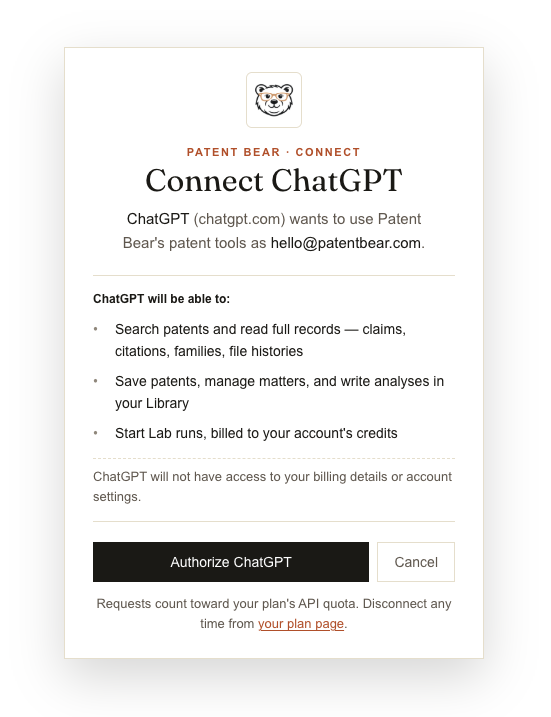 All of Patent Bear, inside Claude, ChatGPT, and Gemini. - Authorize right away