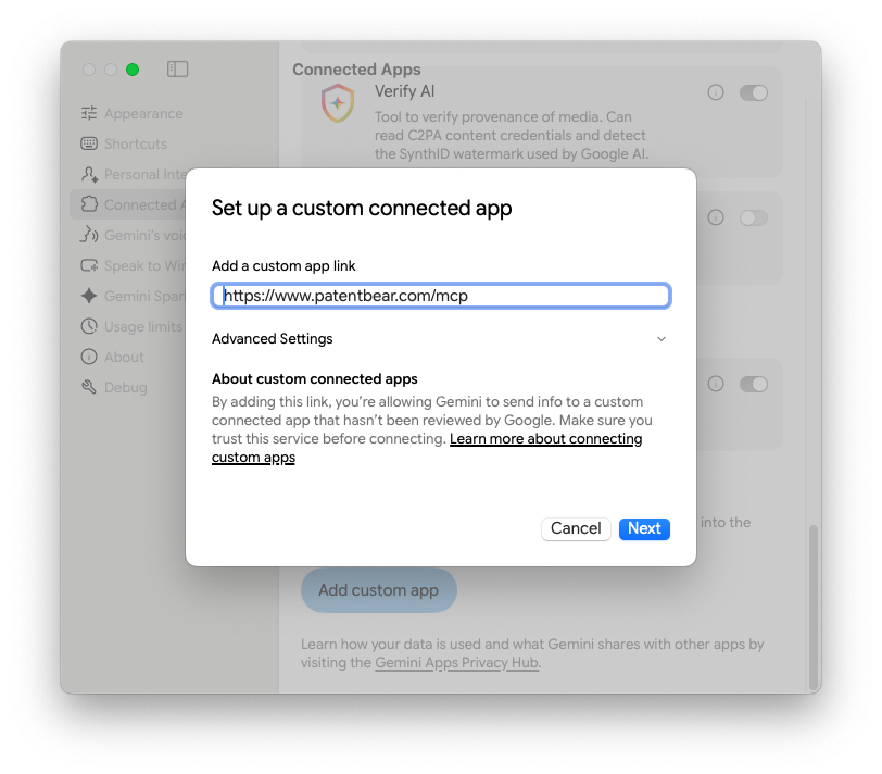 All of Patent Bear, inside Claude, ChatGPT, and Gemini. - Add a connected app