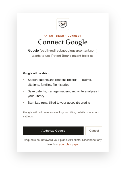 All of Patent Bear, inside Claude, ChatGPT, and Gemini. - Authorize and ask